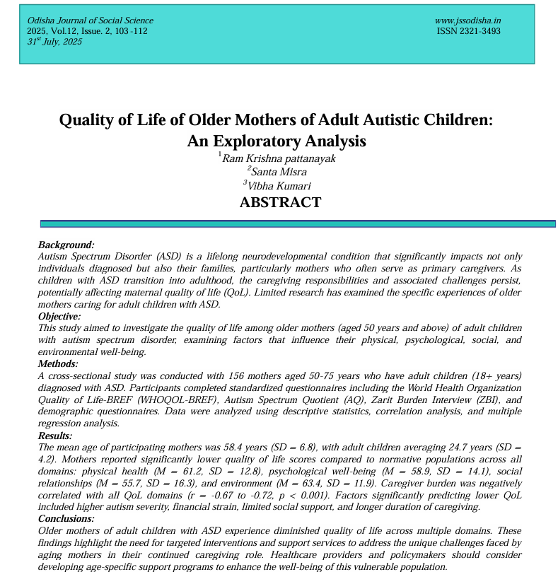 Quality of Life of Older Mothers of Adult Autistic Children Volume-12 Issue-2